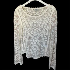 Sheer Cream Lace Embroidered Top, XS/S